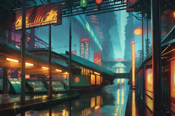 masterpiece, best quality, no humans, scenery, night, cloudy, raining, city, market, cityscape, river, waterway, bridges, reflection, boats, banners, billboards, overhead line, power line, light posts, cyberpunk, neon lights, steam, robots, painted anime