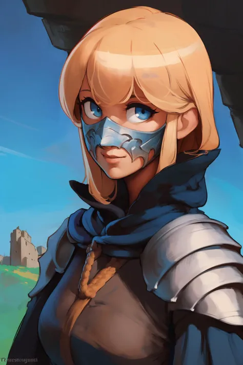 masterpiece, best quality, 1girl, full armor, plate armor, shoulder armor, cloak, blonde hair, blue eyes, armored mask, portrait, upper body, medieval fortress, blue sky, cartoonish anime, painted anime