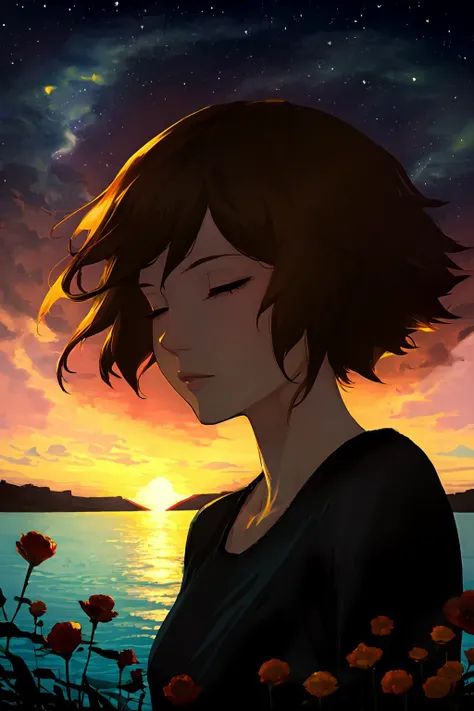 masterpiece, best quality, high resolution, high contrast, lake, colorful, short hair, busty, half closed eyes, mature woman, beautiful, sunset, flowers, atlantis, negative space, stars, close, by Rembrandt