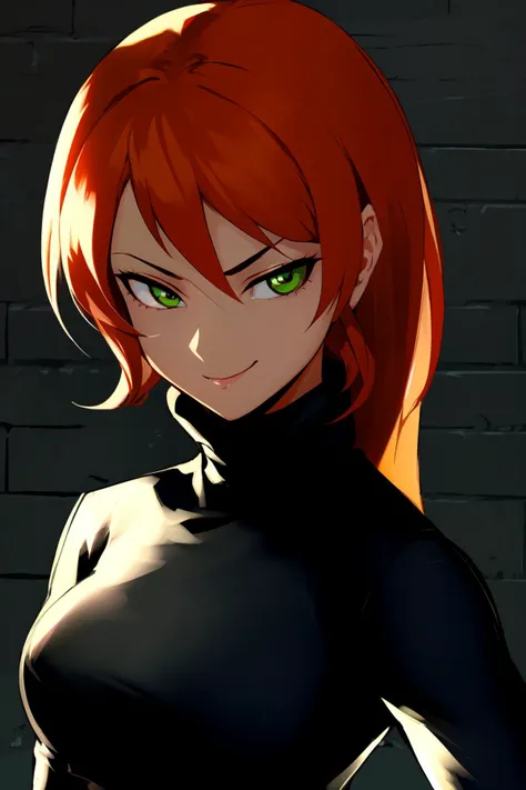 masterpiece, best quality, high resolution, high contrast, close up, 1girl, picture of a woman wearing a black shirt and black pants, midriff, green eyes, smirk, raised left eyebrow, long hair, orange hair, black sweater, black gloves, leggings, beautiful green eyes, brick wall backdrop, protagonist, hard lighting, cool