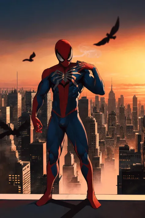 1boy, bara, manly, muscular, spider-man, standing, smoke, birds, bulge, sunset, new york