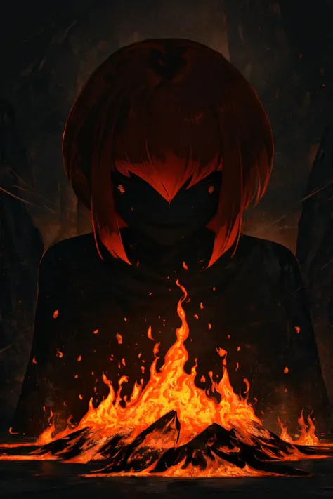masterpiece, best quality, high resolution, high contrast, 1girl, picture of a god, red hair, fire hair, goddess, , vulcano, magma, fantasy, hearth, negative space, rule of thirds, converging lines, dominant colour, elemental, Impressionist
