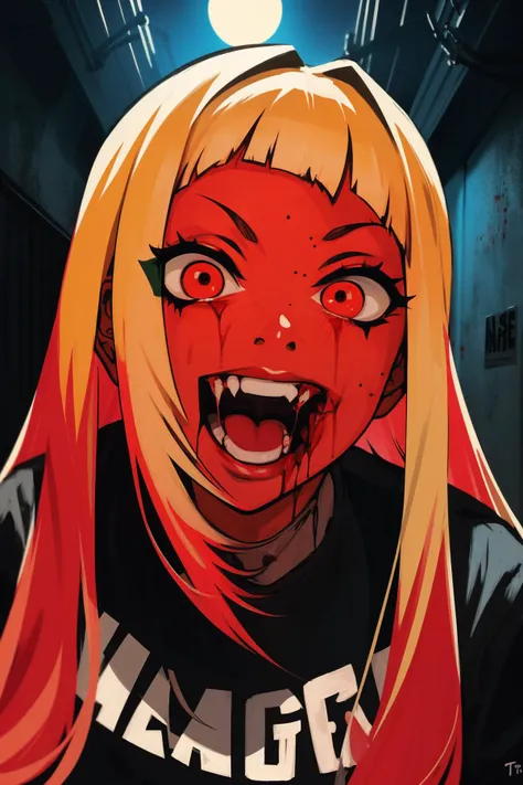 vintage, masterpiece, best quality, horror \(theme\), 1girl, vampire, fangs, smile, streetwear, blood, ganguro, alley, night