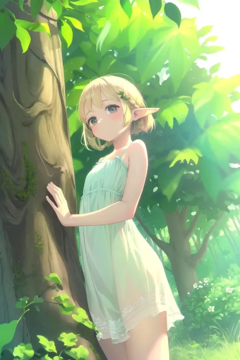 masterpiece, best quality 1girl, image of a cute elf girl, summer dress, in forest, flower in hair, blonde hair, braided hair, petite body, nature, bushes, trees, close up, tele angle, from below