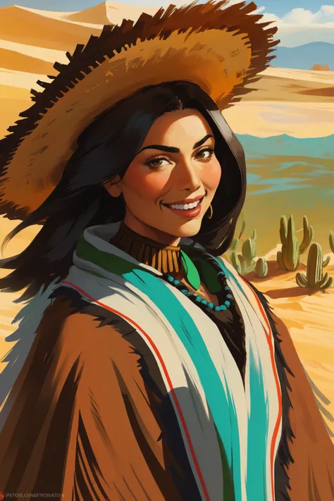 masterpiece, best quality, westernized, painted anime, 1girl, black hair, mariachi, poncho, Sombrero, smile, upper body, desert, cactus
