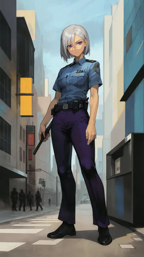 masterpiece, best quality, stylish anime, 1girl, silver hair, purple eyes, mechanical parts, standing, looking at viewer, city, street, police, police car, full body