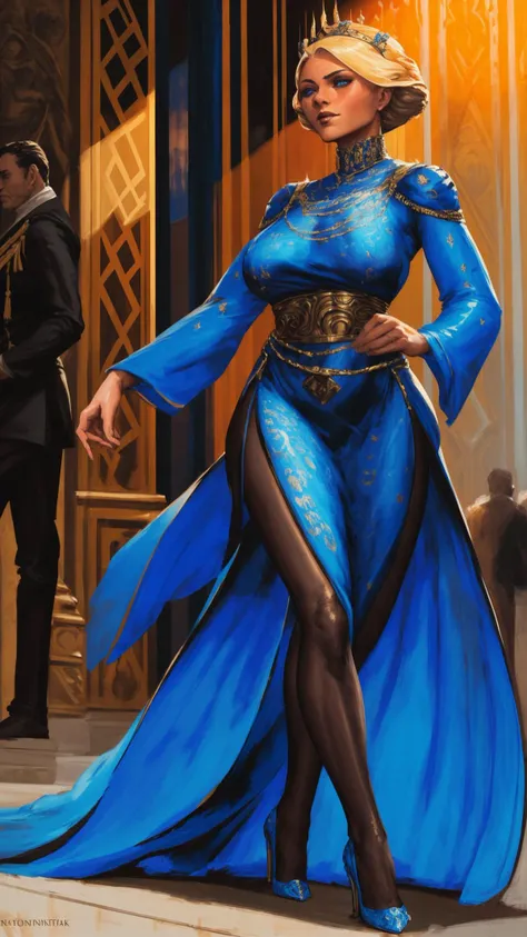 masterpiece, best quality, 1girl, queen, blonde hair, blue eyes, lips, makeup, freckles, mature female, regal dress, intricate, puffy dress, layered dress, stilettos, full body, walking, black and blue theme, royal palace, gala party, crowd, painted anime, fantastical painting