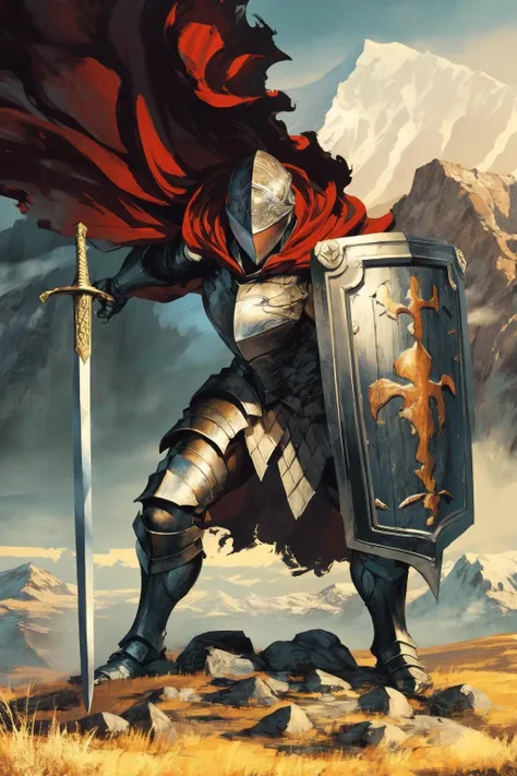 masterpiece, best quality, 1boy, full armor, helmet, shield, sword, holding sword, holding shield,cape, posing, mountain