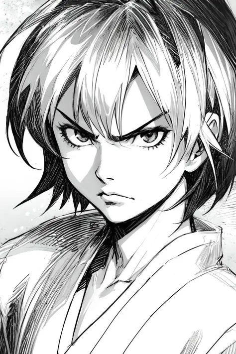 masterpiece, best quality, high contrast, 1girl, short hair, angry, black and white colors, high detailed, detailed skin, shonen manga, protagonist