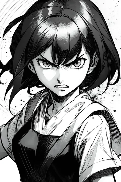 masterpiece, best quality, high contrast, 1girl, short hair, angry, black and white colors, high detailed, detailed skin, shonen manga, protagonist