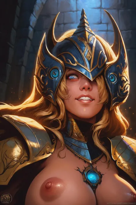masterpiece, best quality, 1girl, knight, full armor, long hair, blonde hair, blue eyes, nose, lips, helm, glowing eyes, smile, clenched teeth, head tilt, breastless armor, breasts out, nipples, close-up, holy temple, fantastical painting