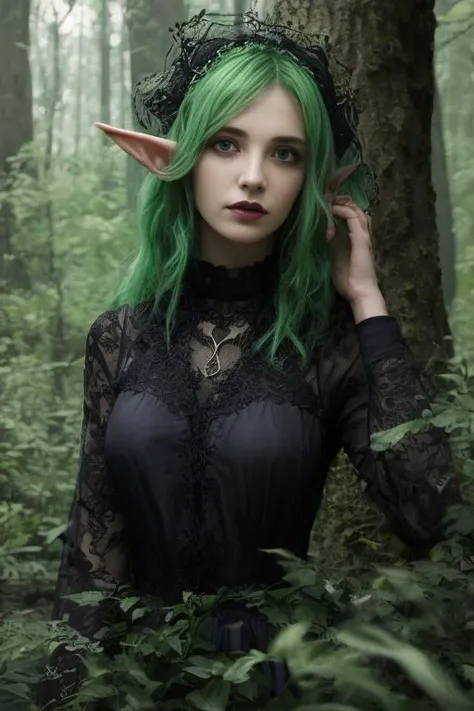 photography of a gothic elf, upper body, green hair, perfect eyes, intricate details, forest, realism,