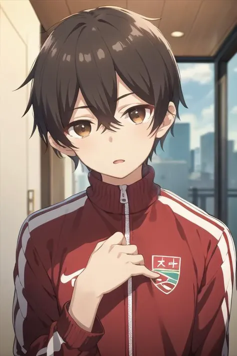 masterpiece, best quality, high quality, 1boy, solo, male focus, looking at viewer, upper body, <lora:mizuto_irido:0.74>, mizuto_irido, brown eyes, brown hair, hair between eyes, track suit