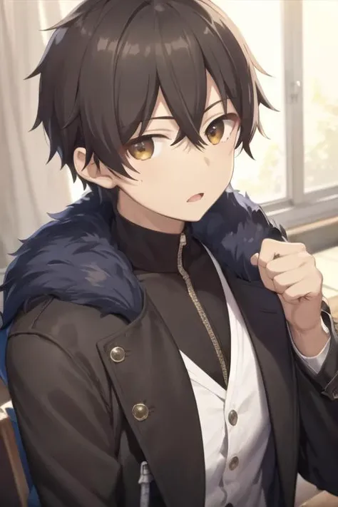 masterpiece, best quality, high quality, 1boy, solo, male focus, looking at viewer, upper body, <lora:mizuto_irido:0.74>, mizuto_irido, brown eyes, brown hair, hair between eyes, coat