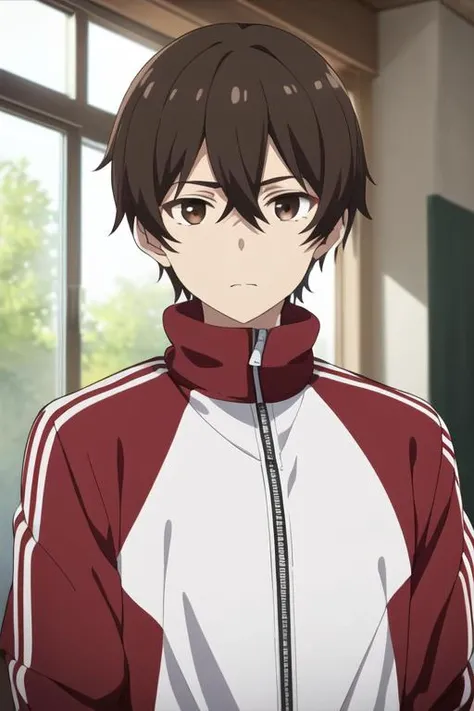 masterpiece, best quality, high quality, 1boy, solo, male focus, looking at viewer, upper body, <lora:mizuto_irido:0.54>, mizuto_irido, brown eyes, brown hair, hair between eyes, track suit