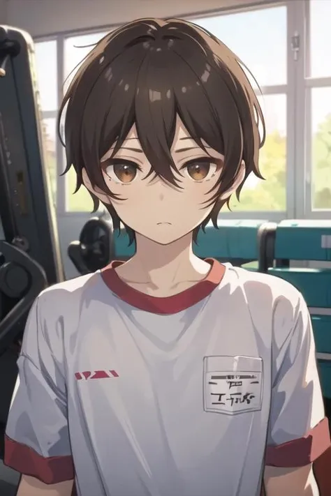 masterpiece, best quality, high quality, 1boy, solo, male focus, looking at viewer, upper body, <lora:mizuto_irido:0.74>, mizuto_irido, brown eyes, brown hair, hair between eyes, gym uniform