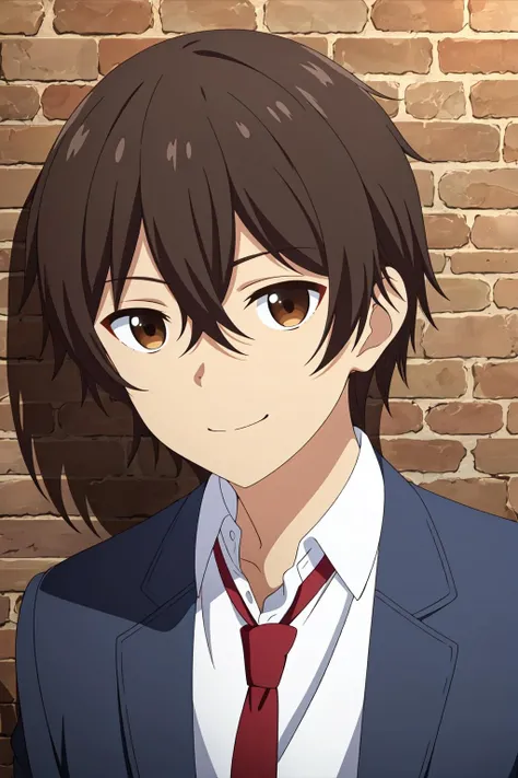 masterpiece, best quality, mizuto_irido, 1boy, solo, standing, portrait, upper body, against wall, brick wall, brown hair, brown eyes, smile, closed mouth, school uniform, blue jacket, dress shirt, red necktie,