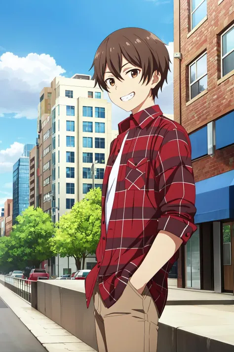 masterpiece, best quality, mizuto_irido, 1boy, solo, leaning, upper body, brown hair, brown eyes, grin, (casual), (red plaid shirt, open shirt), t-shirt, brown pants, (hand in pocket), city, shop, sidewalk, sky, cloud,
