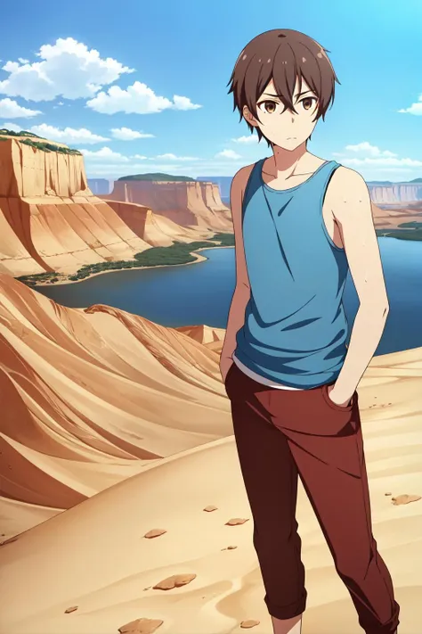 masterpiece, best quality, mizuto_irido, 1boy, solo, standing, upper body, brown hair, brown eyes, exhausted, sweat, (casual), tank-top, red pants, hands in pockets, desert, canyon, cliff,