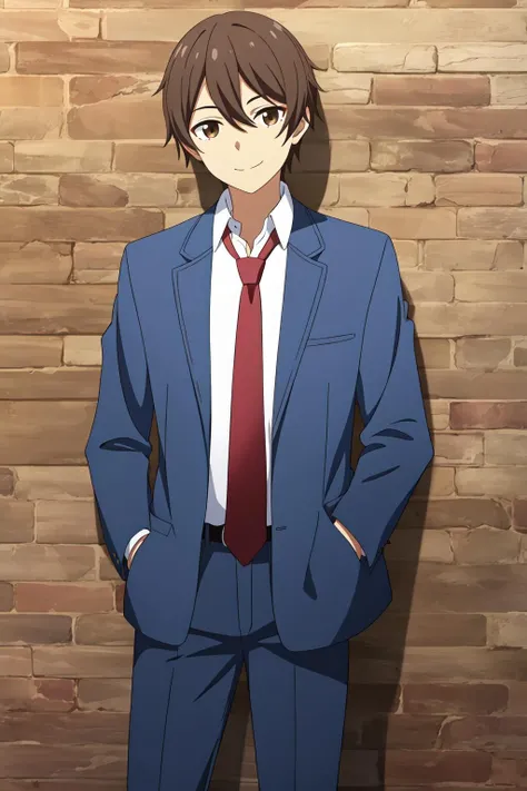 masterpiece, best quality, mizuto_irido, 1boy, solo, standing, cowboy shot, against wall, brick wall, brown hair, brown eyes, smile, closed mouth, school uniform, blue jacket, dress shirt, red necktie, blue pants, (hands in pockets),