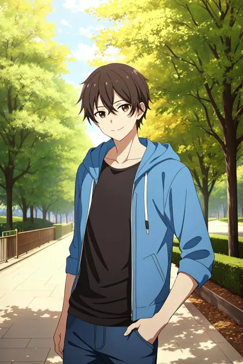 masterpiece, best quality, mizuto_irido, 1boy, solo, standing, upper body, brown hair, brown eyes, smile, closed mouth, (casual), blue jacket, hooded jacket, black t-shirt, blue pants, park, tree, stone walkway,