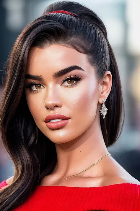 photo of beautiful (1vanakn0ll:0.99), a woman with beautiful hair, hair upsweep updo, as a movie star in a (movie premiere), premiere gala, (near a movie theatre), natural skin texture, (sexy tight red sweater off-shoulder with a strap), 24mm, 4k textures, soft cinematic light, adobe lightroom, photolab, hdr, intricate, elegant, highly detailed, sharp focus, ((((cinematic look)))), soothing tones, insane details, intricate details, hyperdetailed, low contrast, soft cinematic light, exposure blend, hdr, faded, (paparazzi in background), (painted lips:1.1), ((looking at viewer:1.1))