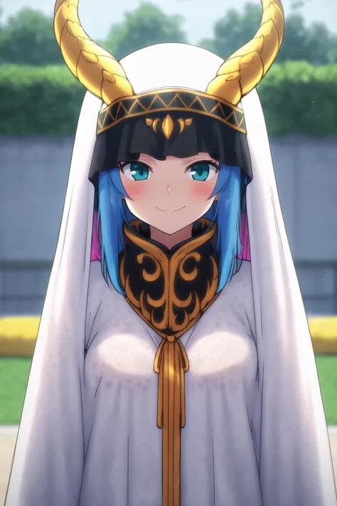 <lora:Skadi DragenfeltV1:0.7>
dragon girl,Skadi Dragenfelt,veil, 1girl,solo,bangs,smile,blue hair,multicolored hair,outdoors,horns,day,blurry,blurry background,veil,facing viewer,dragon horns