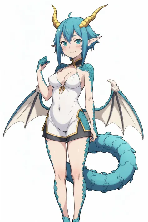 <lora:Skadi DragenfeltV1:0.7>
Skadi Dragenfelt, 1girl,solo,breasts,looking at viewer,smile,short hair,blue eyes,white background,dress,blue hair,standing,tail,full body,wings,horns,shorts,pointy ears,aqua eyes,monster girl,claws,dragon horns,dragon girl,dragon tail,scales,dragon wings