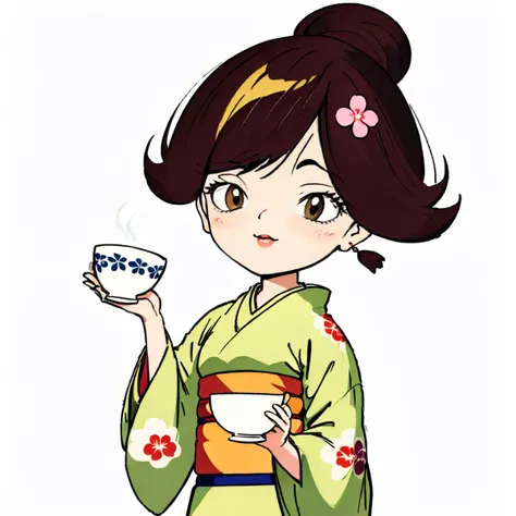A cartoon character that is an anthropomorphic representation of a tea cup transformed into a beautiful woman. She should be wearing a traditional Japanese kimono that is rich in color and detail. Her facial features should be delicate and expressive, perhaps with a slight smile or a look of serenity. The tea cup handle could creatively be integrated into her hairstyle or accessories. The background should complement the character, possibly including elements like a tea set or a Japanese garden to emphasize the theme,<lora:anpan:0.75>