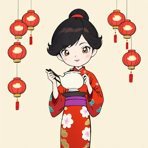 A cartoon character of a woman whose head is a traditional Chinese teacup, complete with a lid and intricate designs. She should be wearing a beautiful and colorful kimono that complements the design of the teacup. The character should be standing in a graceful pose, perhaps holding a small Chinese teapot in one hand. The background could be a blend of Chinese and Japanese cultural elements, like cherry blossoms or Chinese lanterns, to match the fusion theme. Her overall demeanor should be elegant and serene.,<lora:anpan:0.75>