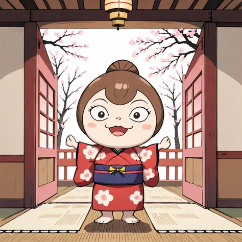 A photorealistic image of an anthropomorphic pudding character dressed in a traditional Japanese kimono. The pudding should have cute facial features like eyes, a mouth, and maybe even tiny arms. The kimono should be intricately designed, showcasing the beauty of Japanese culture. The setting could be a traditional Japanese room with tatami mats and sliding doors, or perhaps under a cherry blossom tree. The character should exude a sense of elegance and cultural richness, capturing the essence of a 'beauty in kimono,<lora:anpan:0.65>