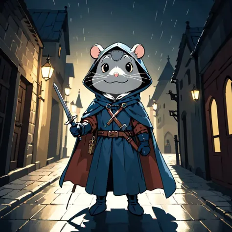 highly detailed analog photo of rat folk,
solo, looking at viewer, gloves, hood up, hood, cloak, belt, holding sword, blurry background, depth of field, medieval street, night
masterpiece, best quality, 8k,
intricate details, depth of field,
(analogue photography:1.25),
(soft lighting:1.3),
(shadow play:1.4),
,<lora:anpan:0.7>