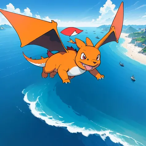full body shot of Charizard, flying in the air, beautiful sea in background, , HD, masterpiece, best quality, hyper detailed, ultra detailed,,<lora:anpan:0.7>