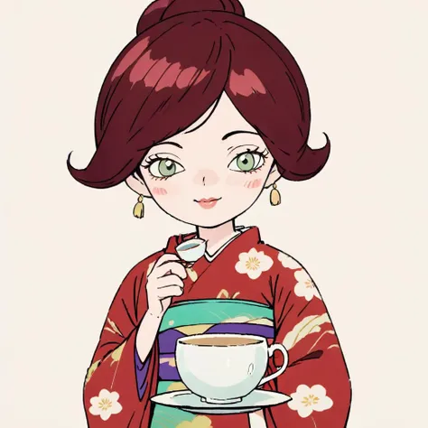 A cartoon character that is an anthropomorphic representation of a tea cup transformed into a beautiful woman. She should be wearing a traditional Japanese kimono that is rich in color and detail. Her facial features should be delicate and expressive, perhaps with a slight smile or a look of serenity. The tea cup handle could creatively be integrated into her hairstyle or accessories. The background should complement the character, possibly including elements like a tea set or a Japanese garden to emphasize the theme.,<lora:anpan:0.8>