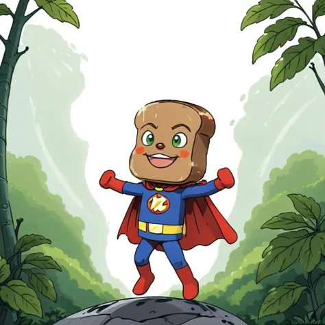 A cartoon character with a slice of golden-brown toast for a head and a human body. The toast should have facial features like eyes and a smiling mouth, perhaps made from jam or butter. The human body should be dressed in a superhero costume, complete with a cape. The character should be striking a heroic pose, perhaps with fists on hips or one arm raised in the air. The background should be a lush jungle, full of vibrant green foliage, to add an adventurous context,<lora:anpan:0.75>