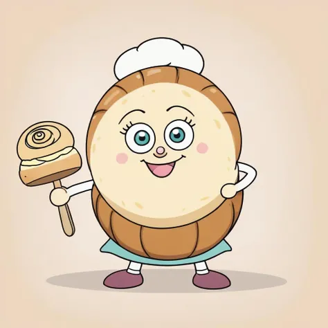 A cartoon character inspired by a sea snail bread roll. The character should have a whimsical and cute appearance, resembling a freshly baked bread roll with a sea snail shell design. The character's eyes should be big and expressive, and it should have tiny arms and legs. The character could be holding a small butter knife in one hand and a pat of butter in the other, ready to spread it on itself. The background should be a cozy bakery setting, filled with various types of bread and pastries. The overall tone should be warm and inviting, capturing the essence of a bakery <lora:anpan:0.65>