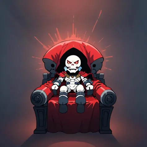 high quality, dynamic lighting, at night,hooded space marine, with skulls and red cape, sitting down on throne, white helmet, red glowing eyes, disney style, animated style, <lora:space_marine-000009:0.5>,<lora:anpan:0.7>