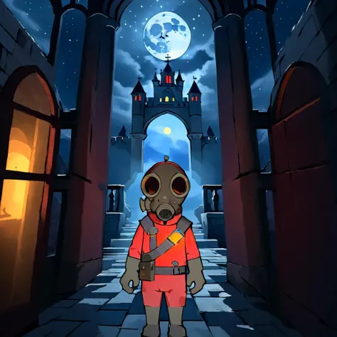 award winning photo, in the (dark:1.3), (deep shadow:1.3), creepy, scary, best quality, highres, 1boy, solo, tf2pyro, redteam, red jacket, gas mask, (in a gothic castle), ((moonlight)), light particles, intricate details, window in the background, dynamic angle, slight smile, (night:1.4), <lora:tf2pyroloraXL:1>,<lora:anpan:0.75>