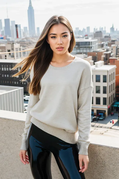 S465_RikaFane, long hair, modern photo, (wearing large edgPO pullover, edgPO), <lora:edgPullovers:0.6>, (wearing leggings), (cowboy shot), (35mm, F/2.8) Photo Focus, DOF, Aperture, insanely detailed and intricate, character, hypermaximalist, beautiful, revealing, appealing, attractive, amative, hyper realistic, super detailed, beautiful girl, ((detailed eyes, long eyelashes)), (glossy lips), modeling on top of a building, city background, daytime, bright lighting, solo