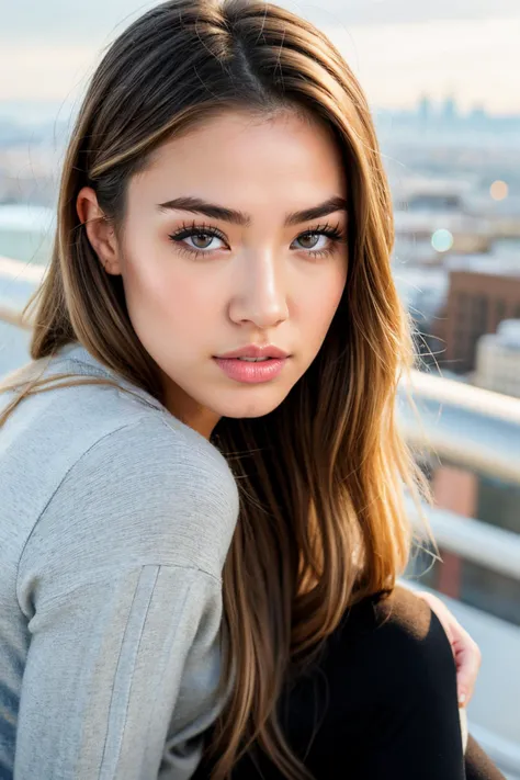 S465_RikaFane, long hair, modern photo, (wearing large edgPO pullover, edgPO), <lora:edgPullovers:0.6>, (wearing leggings), (cowboy shot), (35mm, F/2.8) Photo Focus, DOF, Aperture, insanely detailed and intricate, character, hypermaximalist, beautiful, revealing, appealing, attractive, amative, hyper realistic, super detailed, beautiful girl, ((detailed eyes, long eyelashes)), (glossy lips), modeling on top of a building, city background, daytime, bright lighting, solo