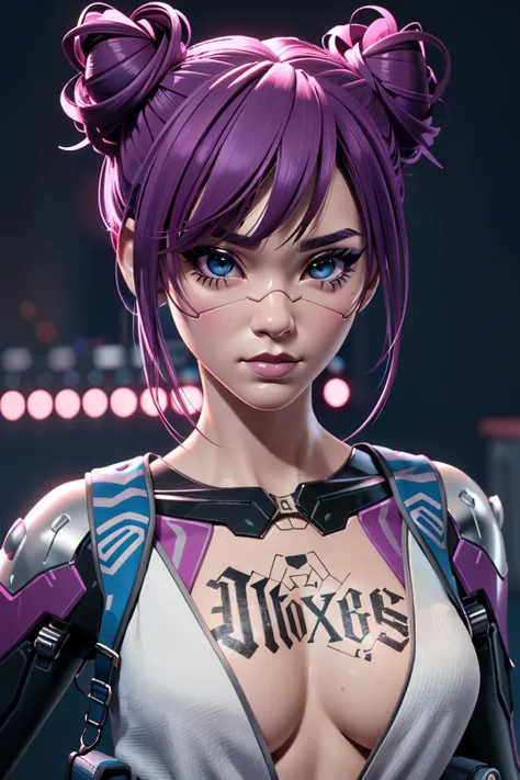 (masterpiece, best quality, highres:1.3)
<lora:CyberRitaMoxBouncer:0.8>
CyberRitaMoxBouncer, 1girl, solo, tattoo, white, topwear, make up, purple hair, double bun, mechanical parts, cyberpunk, ilya kuvshinov, artstation, CGSociety, concept art, cgsociety, octane render