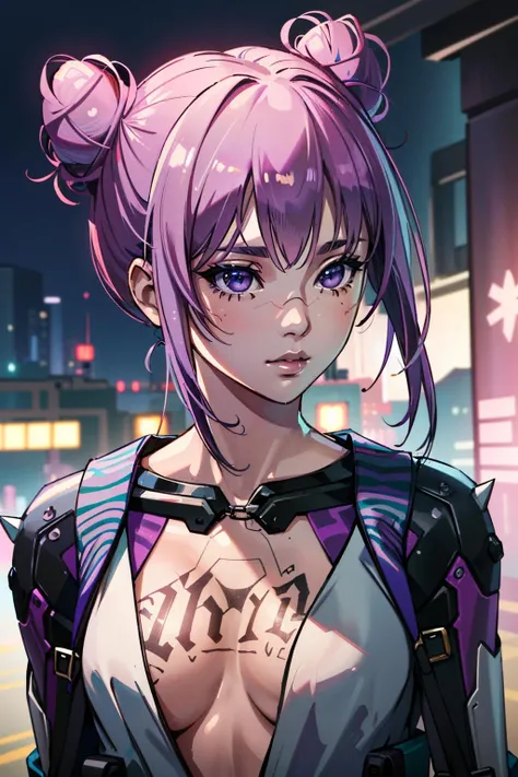 (masterpiece, best quality, highres:1.3)
<lora:CyberRitaMoxBouncer:0.8>
CyberRitaMoxBouncer, 1girl, solo, tattoo, white, topwear, make up, purple hair, double bun, mechanical parts, cyberpunk, ilya kuvshinov, artstation, concept art, smooth, sharp focus, illustration, art by artgerm and g