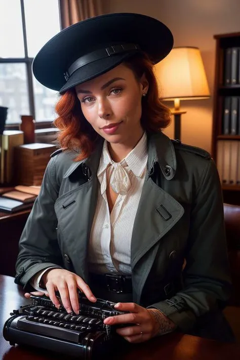 DEN_avrora_stylerotica,
(a 1940s private investigator wearing a trench coat and rimmed hat sitting in a drab dank office at the desk using a typewriter, private investigator, 1940s:1.2),
bokeh, f1.4, 40mm, photorealistic, raw, 8k, textured skin, skin pores, intricate details <lora:epi_noiseoffset2:1>, epiCRealism <lora:ClothingAdjuster3:-1>
