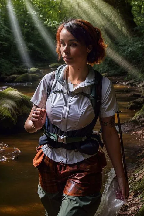 DEN_princess_tay,
(walking by a river in a rich atmospheric (woodland forest:1.2) wearing (hiking gear:1.3), (god rays:1.3), (atmospheric:1.1), scenic:1.2), <lora:ClothingAdjuster3:-1.3>, bokeh, f1.4, 40mm, photorealistic, raw, 8k, textured skin, skin pores, intricate details <lora:epi_noiseoffset2:1>, epiCRealism