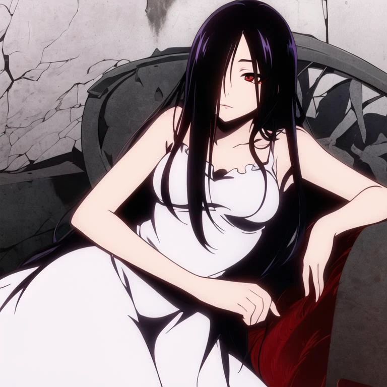 ((masterpiece)),(best quality), absurdres,sadako_yamamura,red eyes,white dress,<lora:Sadakobest:0.7>,<lora:LoraRedlineStyle_v60:1>,