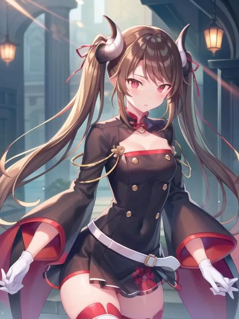 (hyper extreme detailed),(masterpeace),(hyper extreme),(photorealistic),CG,(colour:1.2), beautiful lighting,light from the front,rating:safe,solo, <lora:haruna:0.8>,haruna,two horns,brown_hair,twintails,long_hair,red eyes,hair_ornament,zettai_ryouiki,thigh_boots,short_dress,wide_sleeves