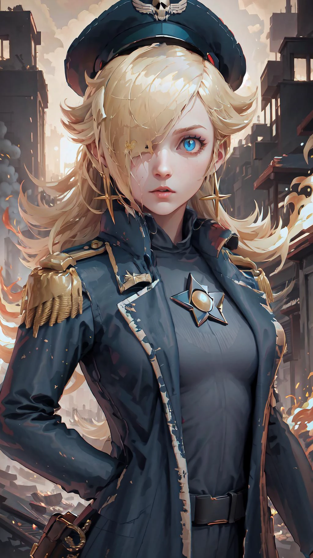 High Quality, Masterpiece, 1girl, solo, edgCommissar, epaulettes, wearing edgCommissar, skull emblem, millitary uniform, hat, <lora:Outfit_Warhammer40KCommissar:0.8>, upper body, IncrsRosalinaRng, <lora:Char_MarioSeries_Rosalina:0.85>, desaster, broken city, smokes, fire, blue eye, hair over one eye,