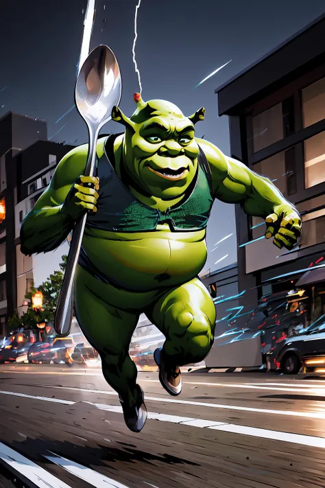 High Quality, Masterpiece, 1girl, solo, super_speed, running, lighting, light trails, (motion blur), <lora:Pos_SuperSpeedRunning:0.8>, shrex, green skin, ogre, shrek, <lora:Char_Sigmas_Shrek:0.9>, fat, belly, ComicallyLargeSpoon, <lora:Pos_ComicallyLargeSpoon:1>, spoon,