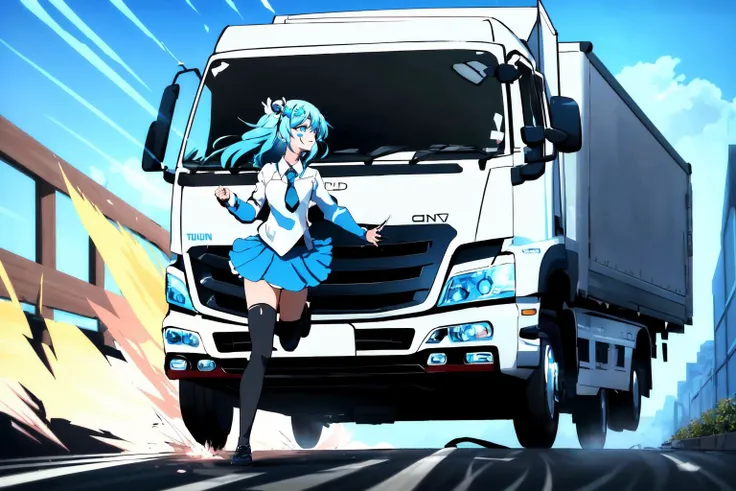 Highly detailed, High Quality, Masterpiece, beautiful, Twitter-chan, hair ornament, white shirt, black long-sleeve shirt, layered sleeves, necktie, blue skirt, black thighhighs, <lora:Char_Meme_Twitterchan:0.6>, Truck-kun, ground vehicle, crash, getting hit by Truck-kun, fleeing, motion lines, <lora:Pos_Truckkun:0.8>, (detailed hand:1.3)