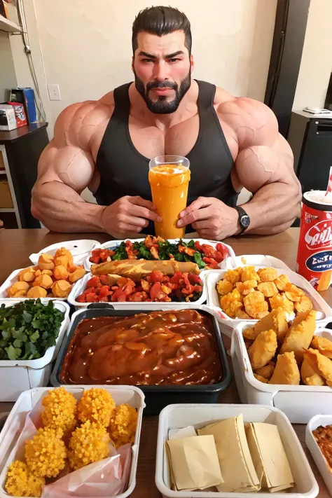 Highly detailed, High Quality, Masterpiece, beautiful, Mukbang, <lora:Mukbang:0.95>, solo, gigachad, <lora:Char_Sigmas_GigaChad:0.8>